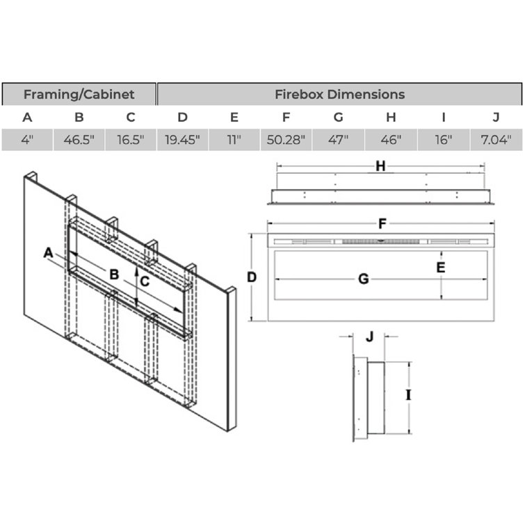 50-Inch Black Metal Wall Mount Electric Fireplace