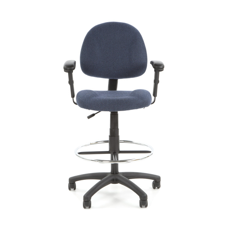 ErgoComfort Black Tweed Drafting Stool with Adjustable Arms and Chrome Footring