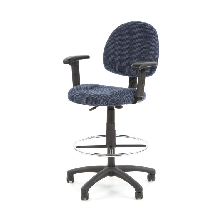 ErgoComfort Black Tweed Drafting Stool with Adjustable Arms and Chrome Footring