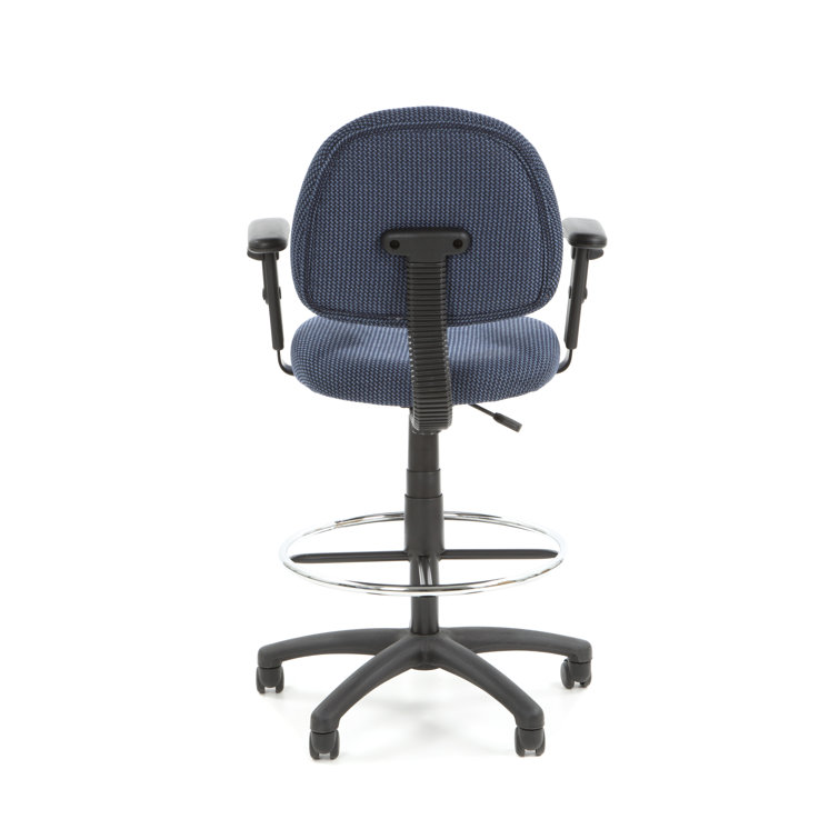 ErgoComfort Black Tweed Drafting Stool with Adjustable Arms and Chrome Footring