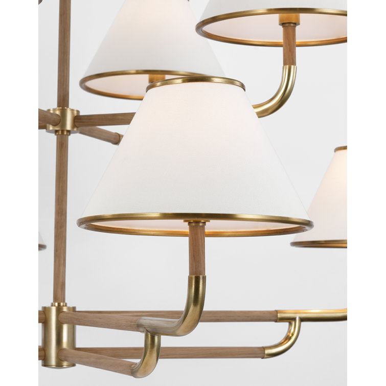 Soft Brass and Natural Oak Two-Tier Chandelier