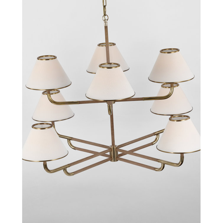 Soft Brass and Natural Oak Two-Tier Chandelier