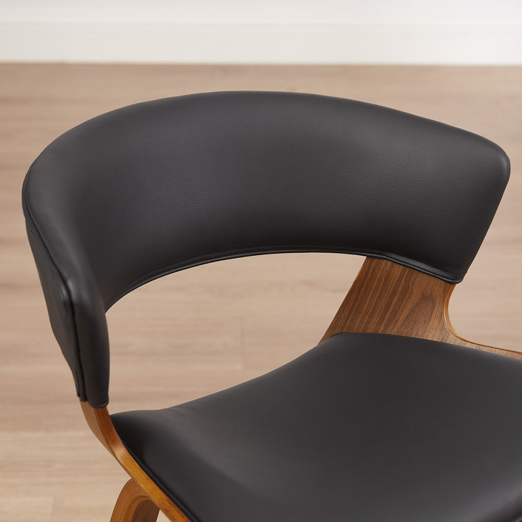 Mid-Century Modern Brown Wood and Black Faux Leather Counter Stools, Set of 2