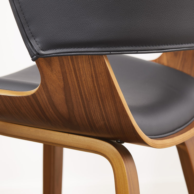 Mid-Century Modern Brown Wood and Black Faux Leather Counter Stools, Set of 2