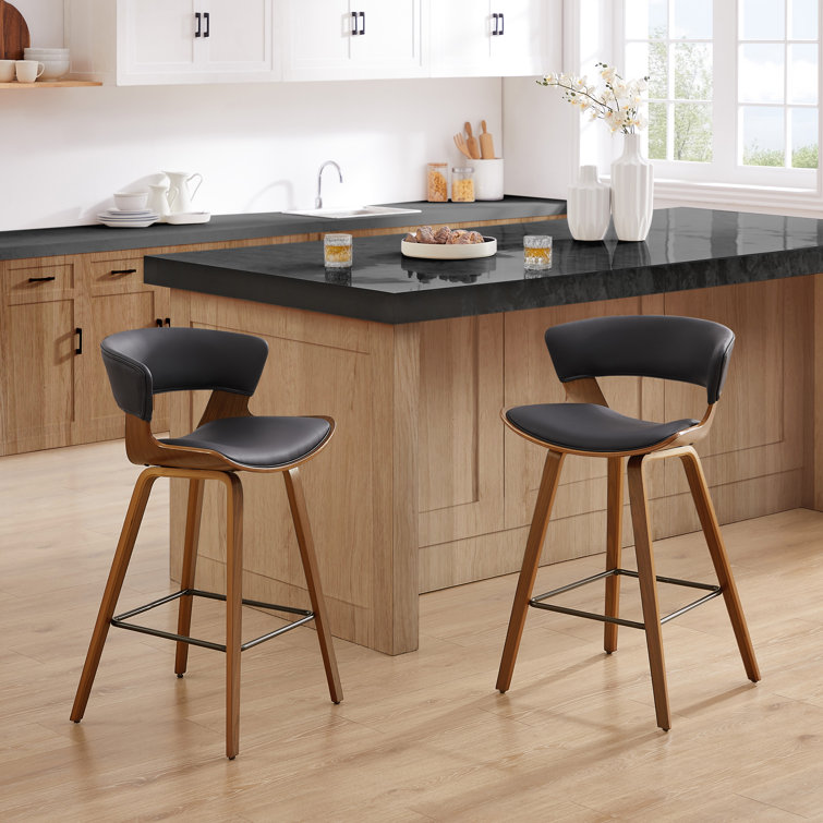 Mid-Century Modern Brown Wood and Black Faux Leather Counter Stools, Set of 2