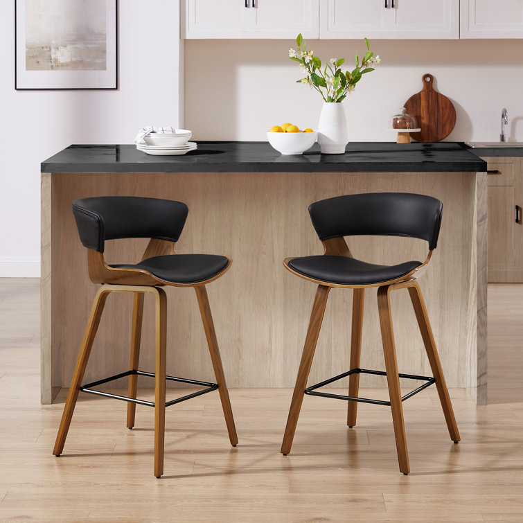 Mid-Century Modern Brown Wood and Black Faux Leather Counter Stools, Set of 2