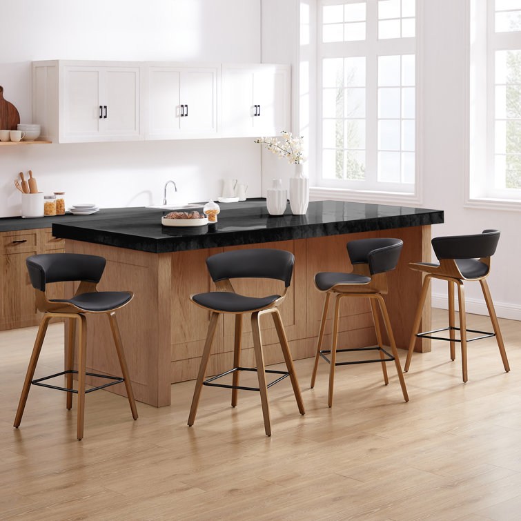 Mid-Century Modern Brown Wood and Black Faux Leather Counter Stools, Set of 2