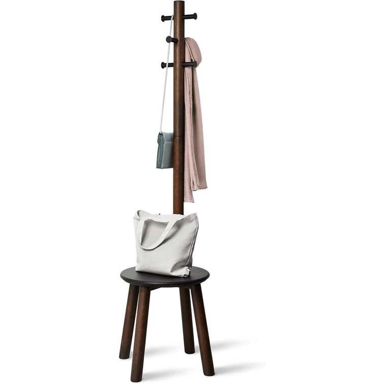 Black and Walnut Multifunctional Coat Rack with Integrated Stool