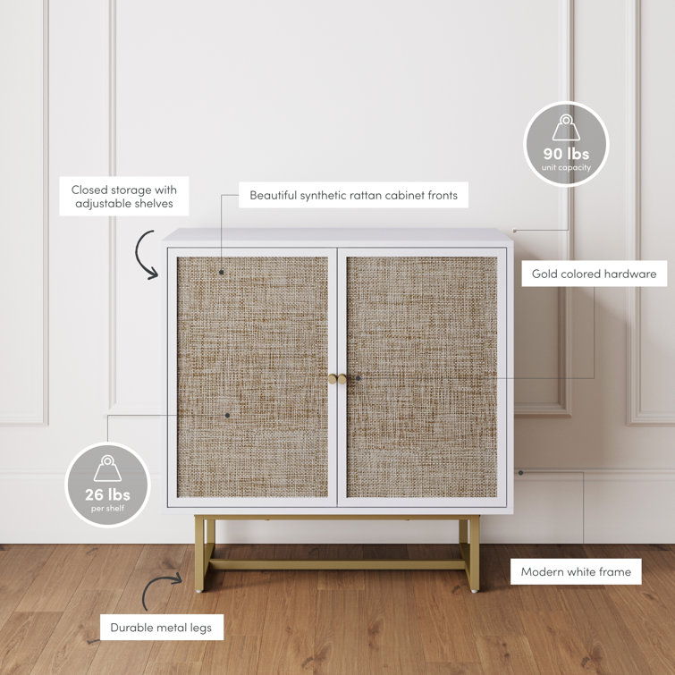 White and Cane Rattan Accent Cabinet with Adjustable Shelving