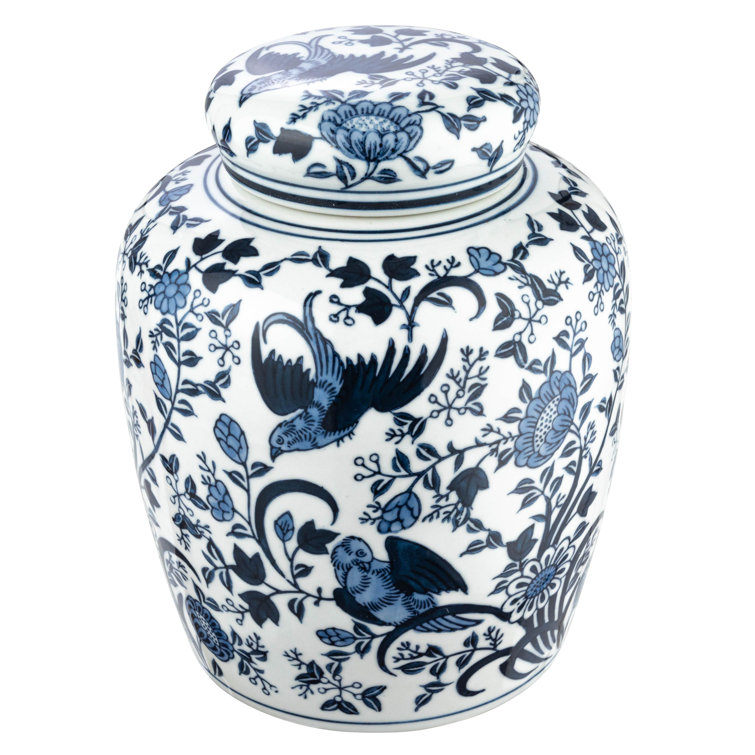 Blue and White Ceramic Ginger Jar with Bird Pattern