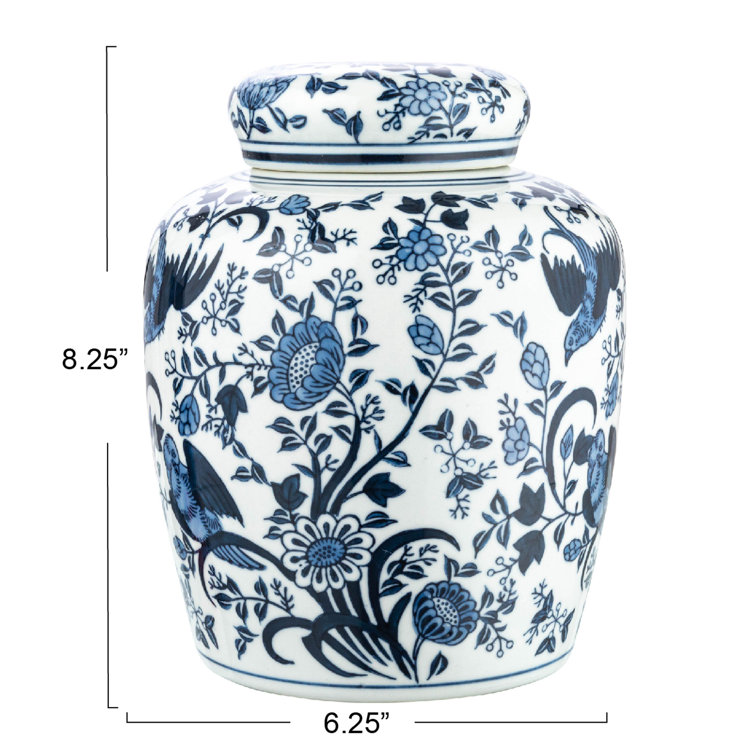 Blue and White Ceramic Ginger Jar with Bird Pattern