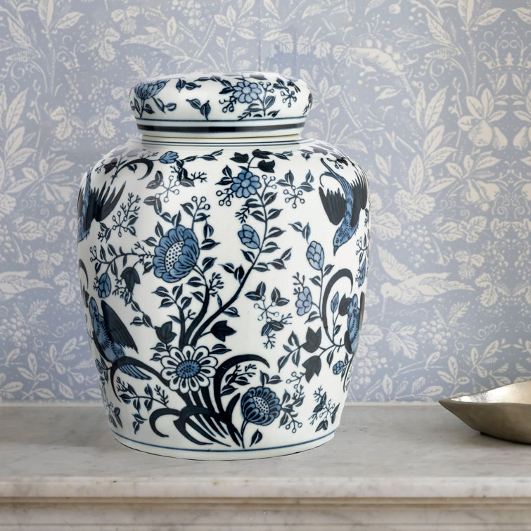 Blue and White Ceramic Ginger Jar with Bird Pattern