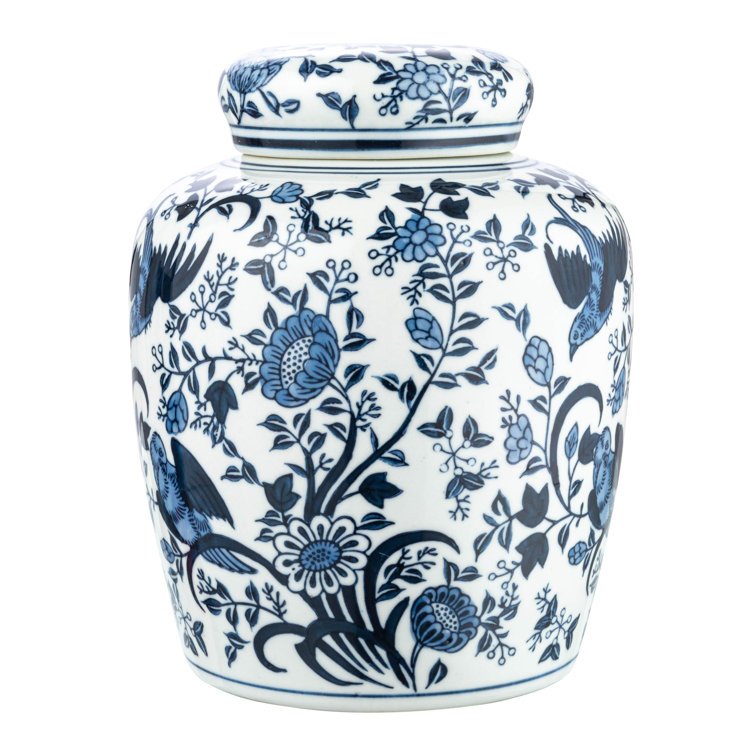 Blue and White Ceramic Ginger Jar with Bird Pattern