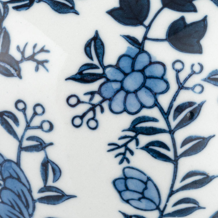 Blue and White Ceramic Ginger Jar with Bird Pattern