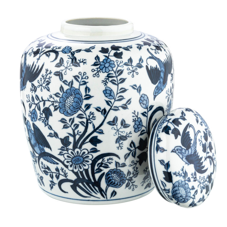 Blue and White Ceramic Ginger Jar with Bird Pattern