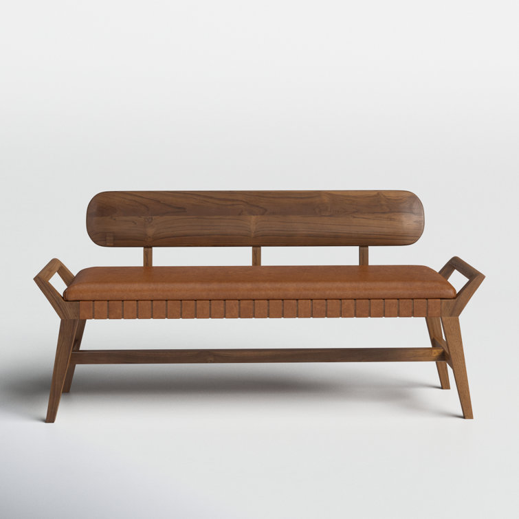 Mid-Century Teak and Genuine Leather 3-Seater Bench