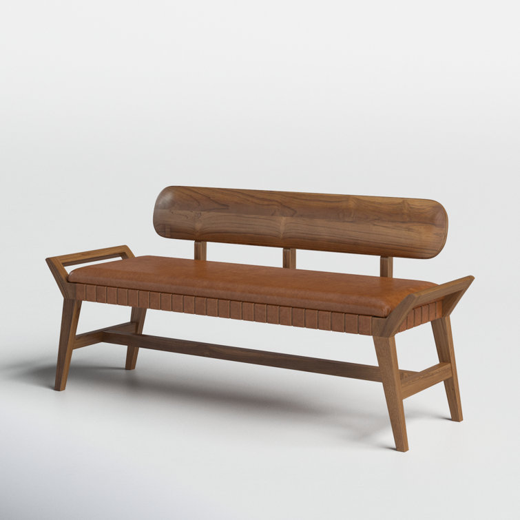 Mid-Century Teak and Genuine Leather 3-Seater Bench