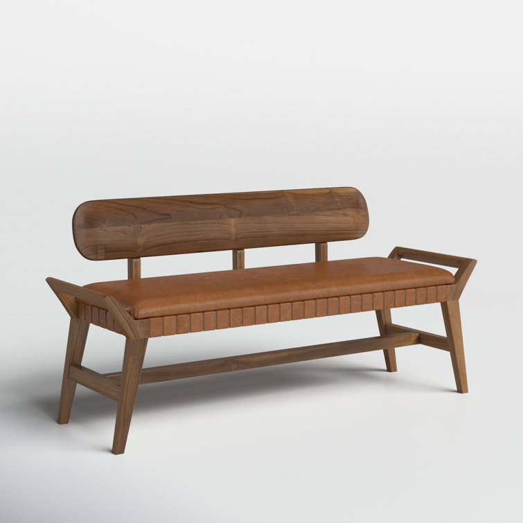 Mid-Century Teak and Genuine Leather 3-Seater Bench