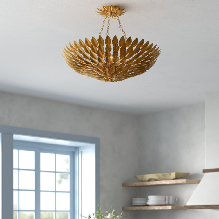 Antique Gold Floral 6-Light Metal Semi Flush Mount