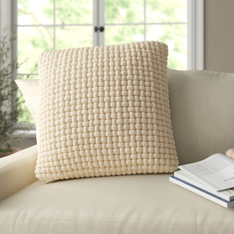 Cream Wool and Cotton Chunky Weave Square Throw Pillow