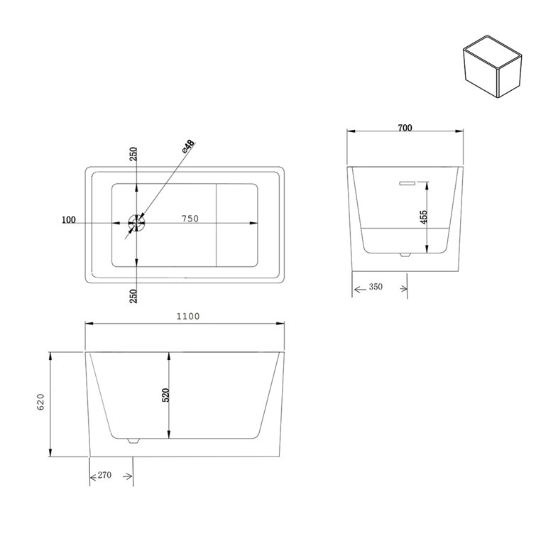 White Acrylic Rectangular Freestanding Soaking Bathtub, 44"