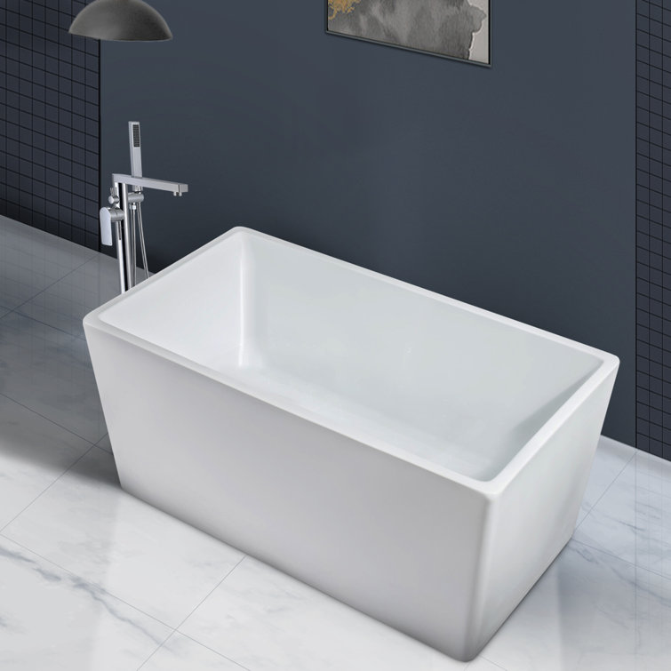 White Acrylic Rectangular Freestanding Soaking Bathtub, 44"