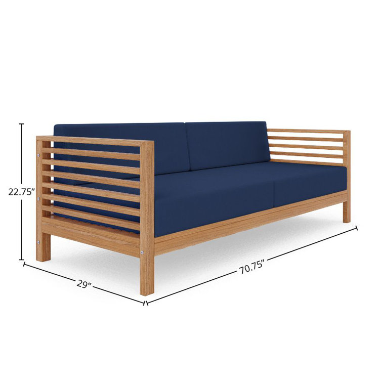 Modern Teak 3-Seat Outdoor Sofa with Navy Cushions