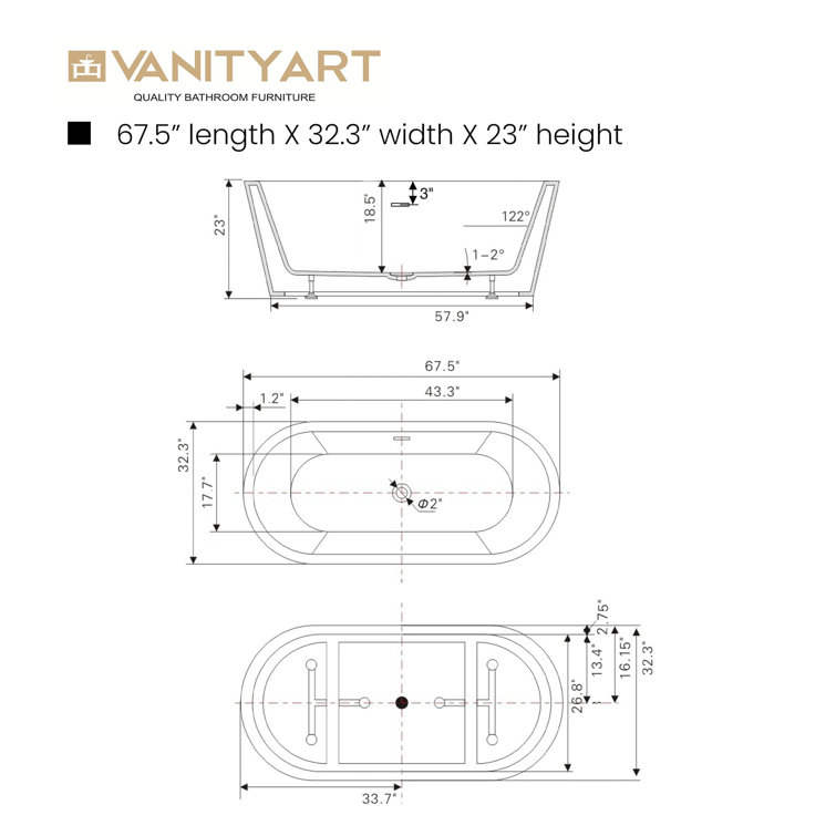 67" White Freestanding Acrylic Soaking Bathtub