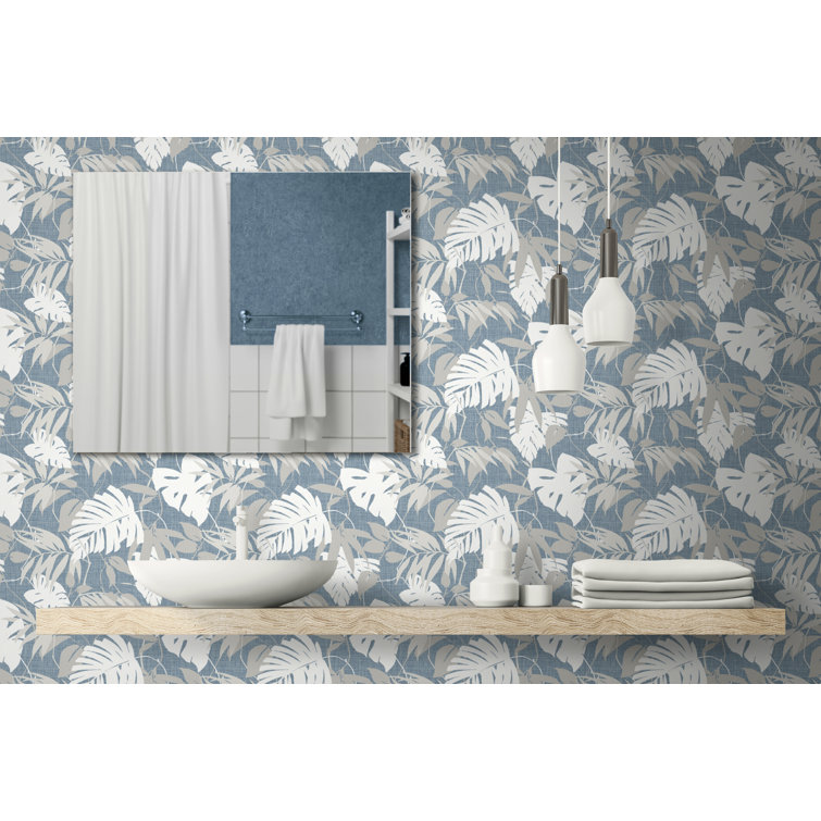 Ocean Swell Blue and White Palm Leaves Non-Pasted Wallpaper