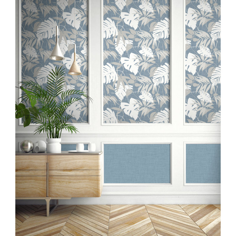 Ocean Swell Blue and White Palm Leaves Non-Pasted Wallpaper