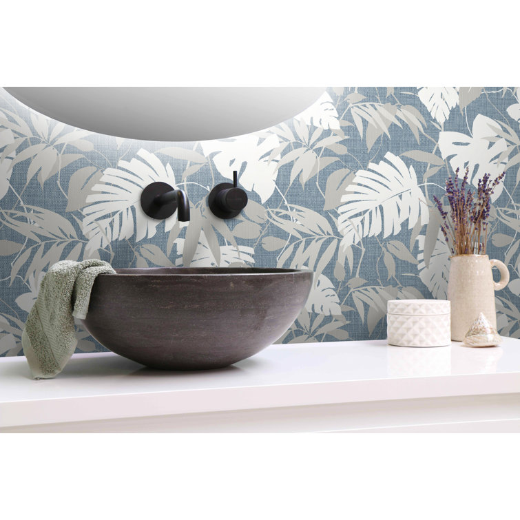 Ocean Swell Blue and White Palm Leaves Non-Pasted Wallpaper