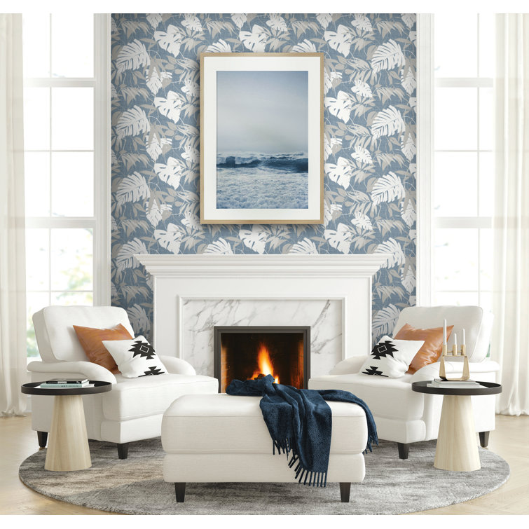 Ocean Swell Blue and White Palm Leaves Non-Pasted Wallpaper