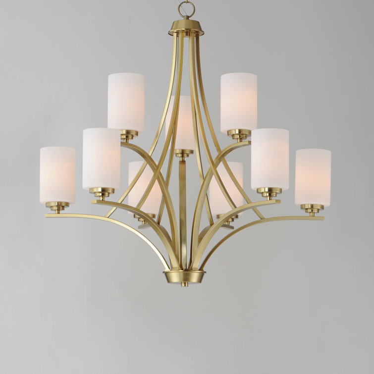 Satin Brass 9-Light Chandelier with Opal White Glass Shades