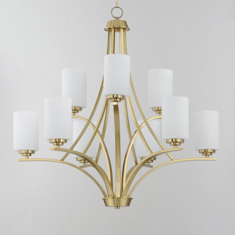 Satin Brass 9-Light Chandelier with Opal White Glass Shades