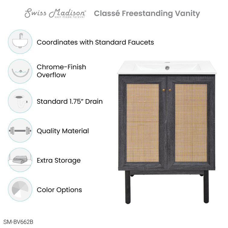 Black and Rattan 24" Freestanding Bathroom Vanity with Sink