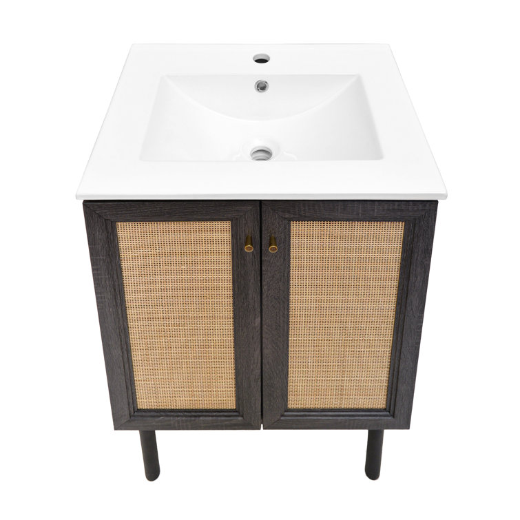 Black and Rattan 24" Freestanding Bathroom Vanity with Sink