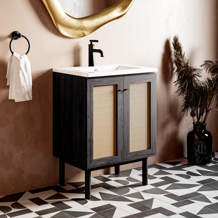 Black and Rattan 24" Freestanding Bathroom Vanity with Sink