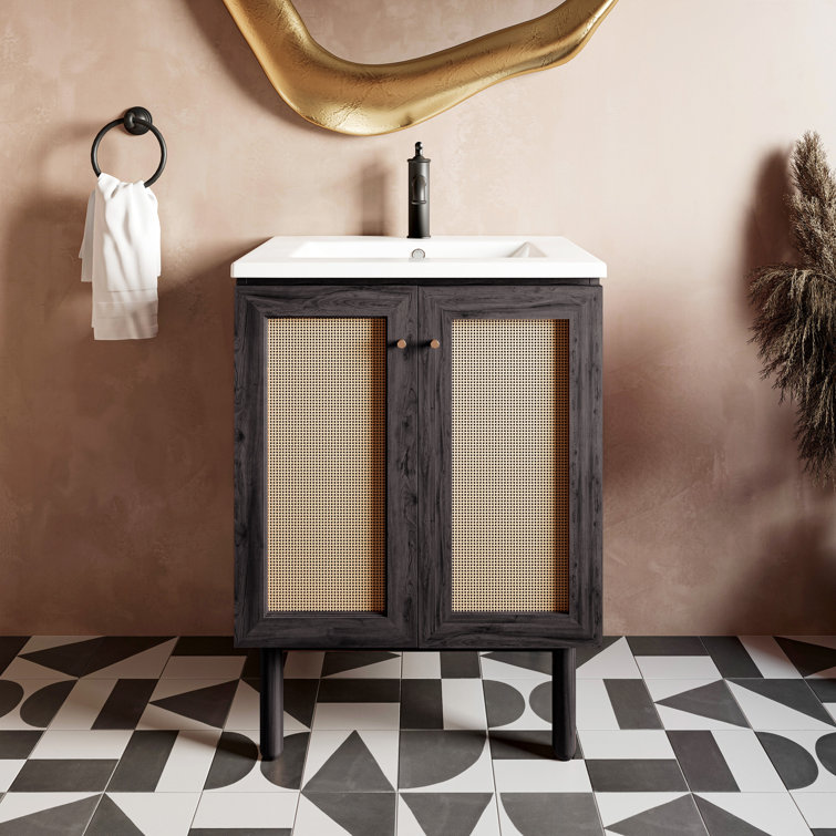 Black and Rattan 24" Freestanding Bathroom Vanity with Sink