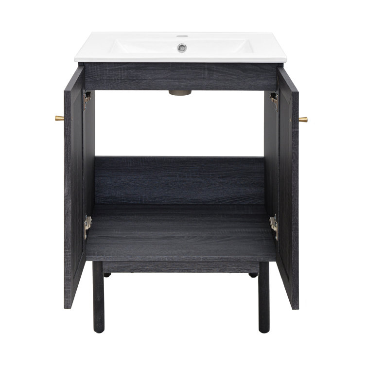Black and Rattan 24" Freestanding Bathroom Vanity with Sink