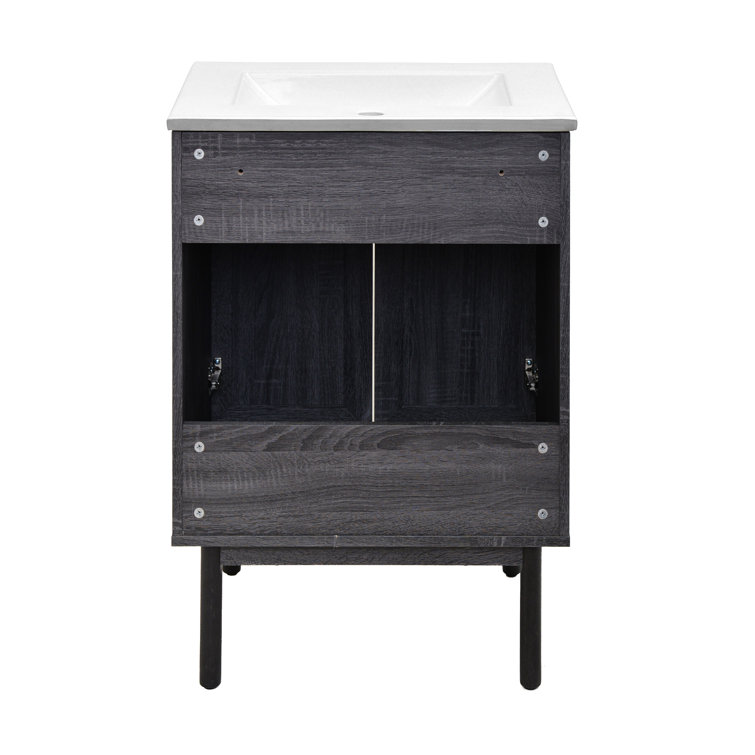 Black and Rattan 24" Freestanding Bathroom Vanity with Sink