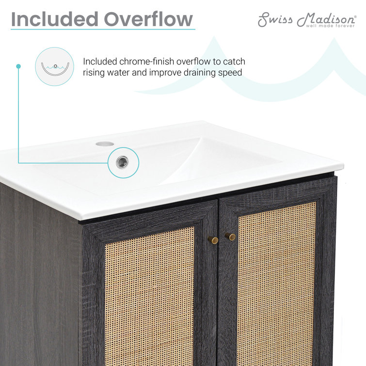 Black and Rattan 24" Freestanding Bathroom Vanity with Sink
