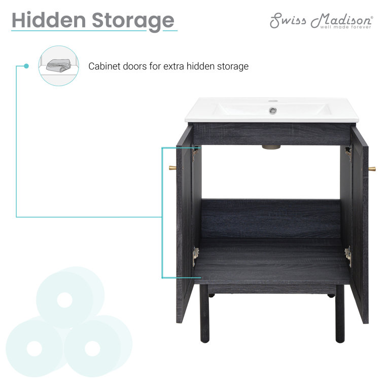 Black and Rattan 24" Freestanding Bathroom Vanity with Sink