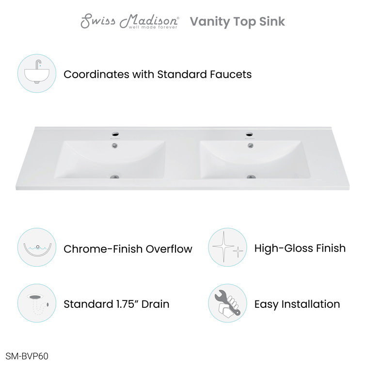 White Ceramic Double Vanity Top Bathroom Sink, 60 Inch