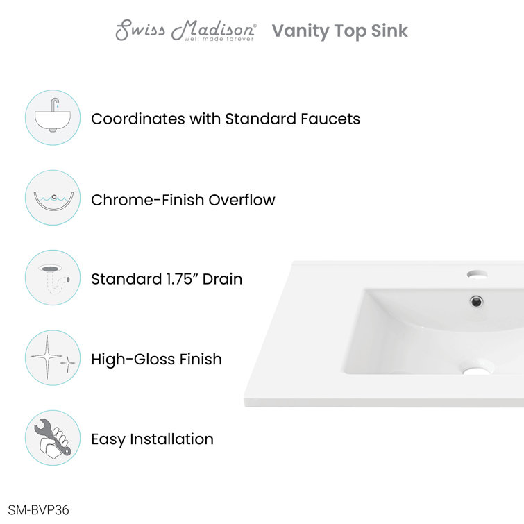White Ceramic 36" Vanity Sink Top with Faucet Hole