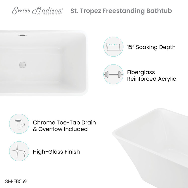 St. Tropez 60" White Acrylic Freestanding Bathtub
