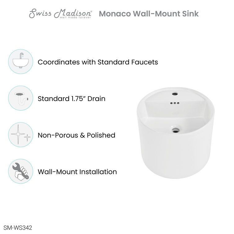 Monaco White Ceramic Round Wall-Mount Bathroom Sink