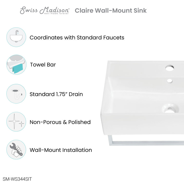 Claire 22" White Ceramic Wall-Mount Vessel Sink with Chrome Towel Bar