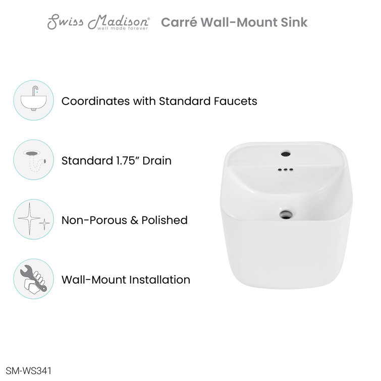 Carre 18" White Ceramic Wall-Mount Bathroom Sink