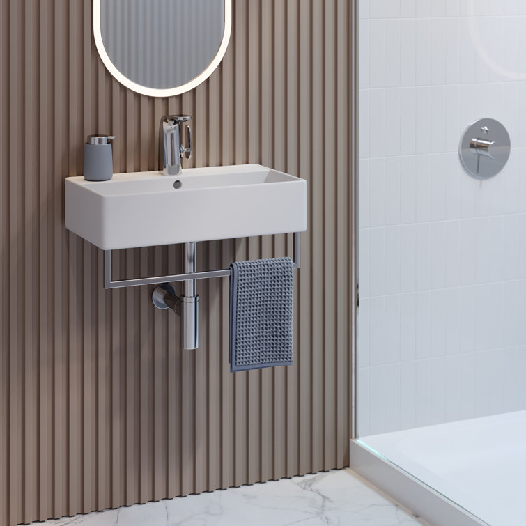 Claire 22" White Ceramic Wall-Mount Vessel Sink with Chrome Towel Bar