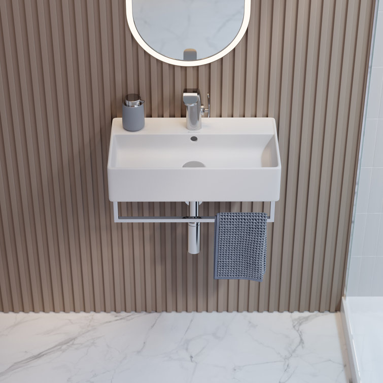 Claire 22" White Ceramic Wall-Mount Vessel Sink with Chrome Towel Bar